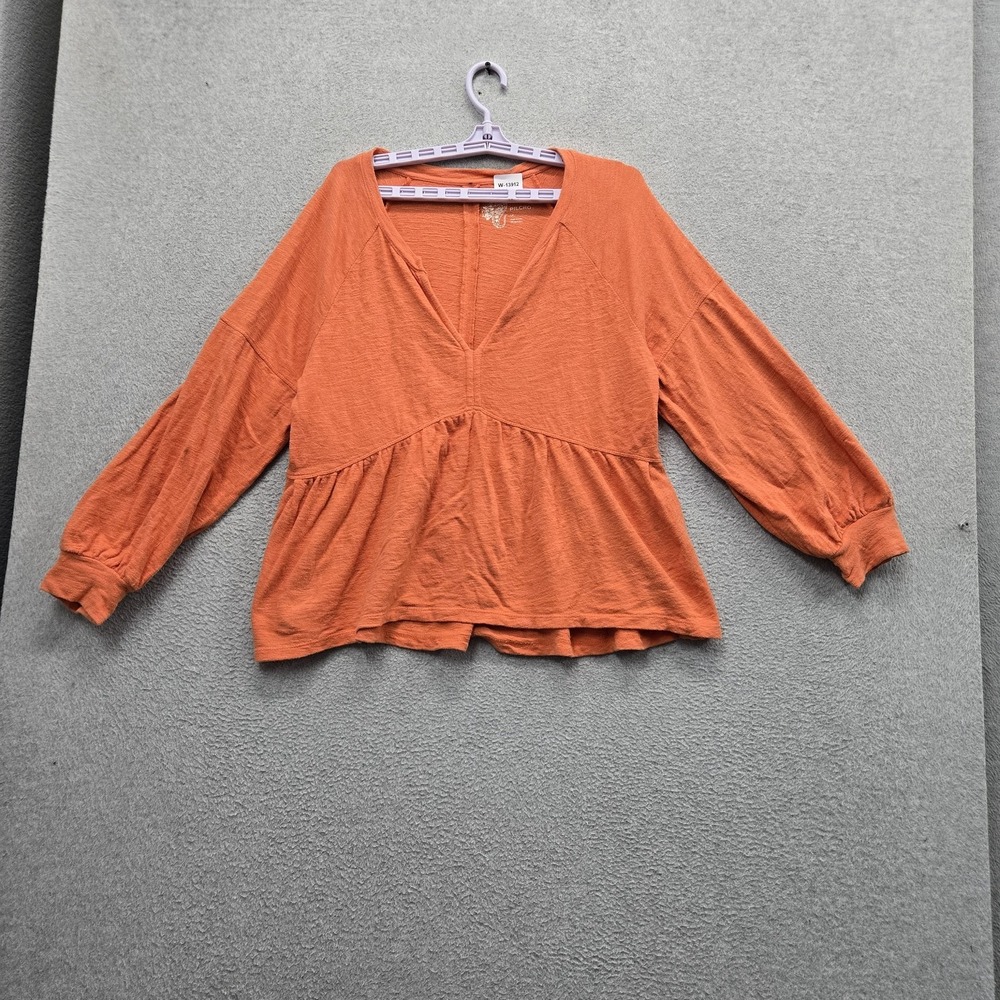 Pilcro Women Blouse LP Orange Peplum V-Neck Pullover Long Sleeve Stretch